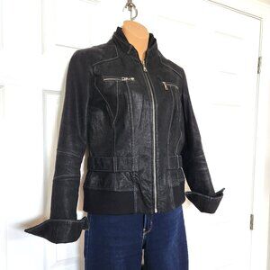 DANIER NUBUC LEATHER BLACK ZIP JACKET. BIKER STYLE.  SIZE S